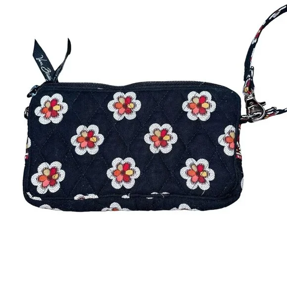 Vera Bradley wallet wristlet black floral print quilted rectangular 2 pockets - Picture 2 of 7